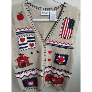 Vintage Women's Patriotic Vest Sweater M Barn Apple Flag americano USA‎